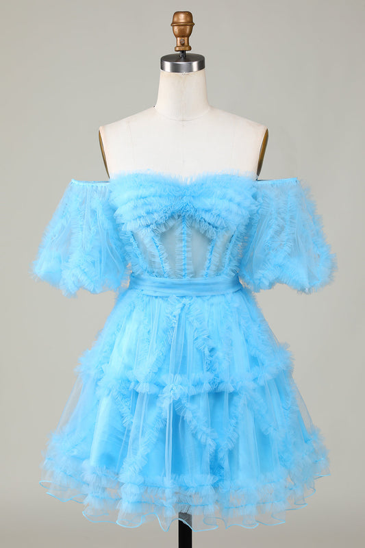 Robe de bal courte bleue en tulle coupe A mignonne épaules dénudées