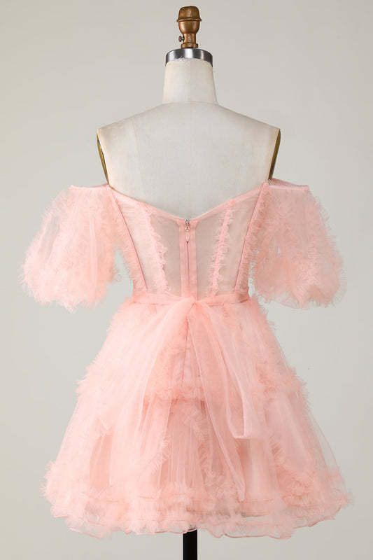 Robe de bal courte trapèze en tulle blush mignon à épaules dénudées