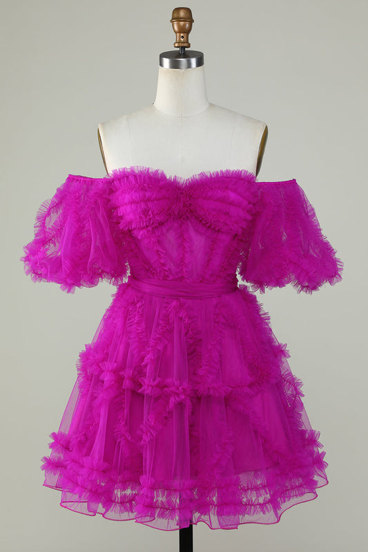 Robe de soirée trapèze élégante en tulle fuchsia avec bustier et épaules dénudées