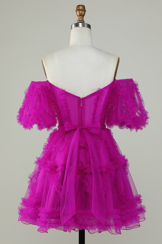 Robe de soirée trapèze élégante en tulle fuchsia avec bustier et épaules dénudées