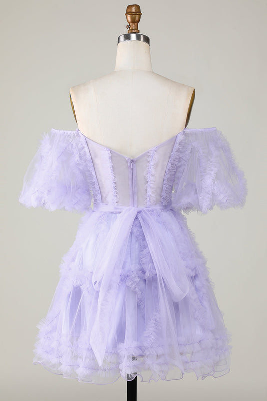 Robe de bal de fin d'année élégante en tulle violet avec corset et épaules dénudées, coupe trapèze