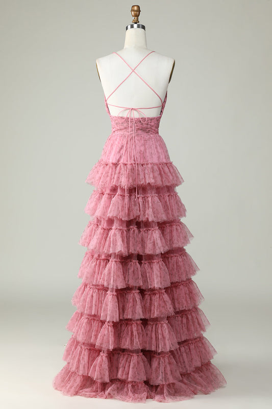 Robe de bal trapèze en tulle rose à fines bretelles et à imprimé floral