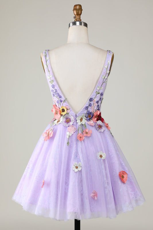 Robe de bal de fin d'études violette à encolure en V profond et dos nu avec des fleurs 3D