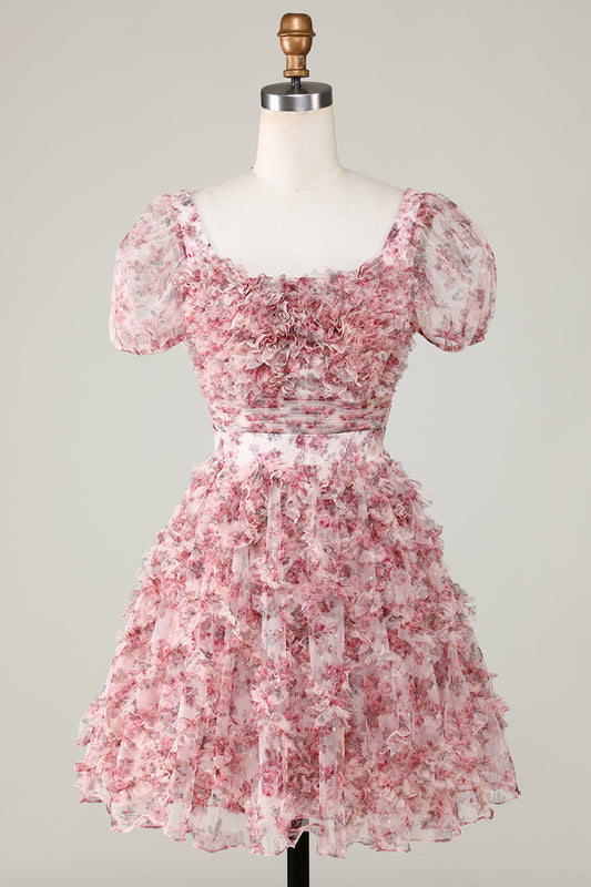 Robe de graduation trapèze mignonne à fleurs ivoires et rouges avec volants