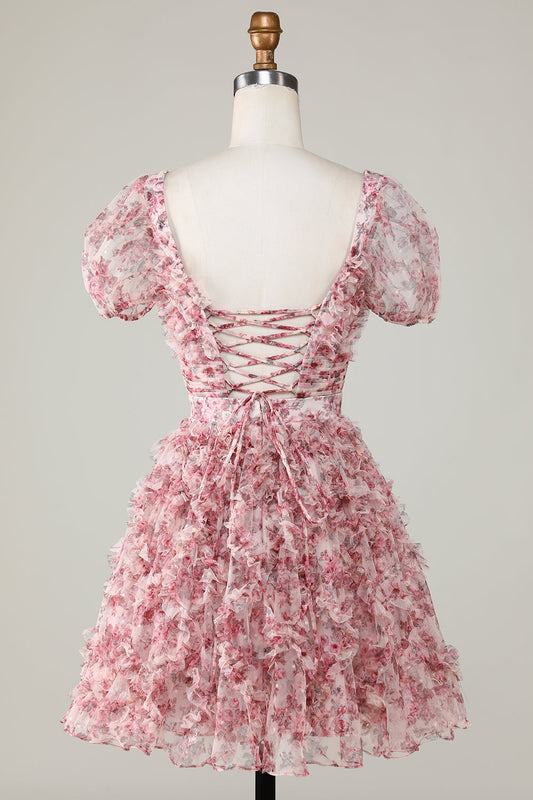 Robe de graduation trapèze mignonne à fleurs ivoires et rouges avec volants