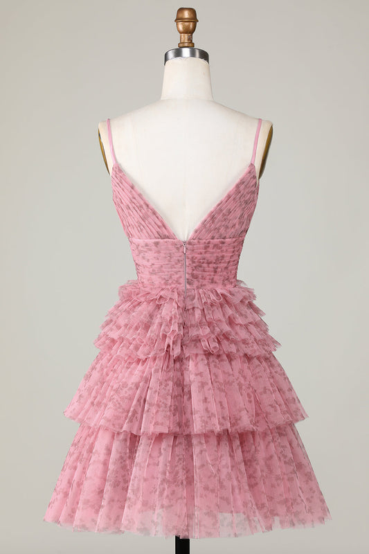 Jolie robe de bal rose poudré évasée à fines bretelles et volants