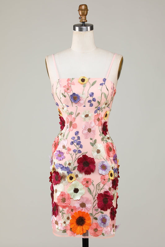 Robe de graduation fourreau blush à fines bretelles et fleurs 3D