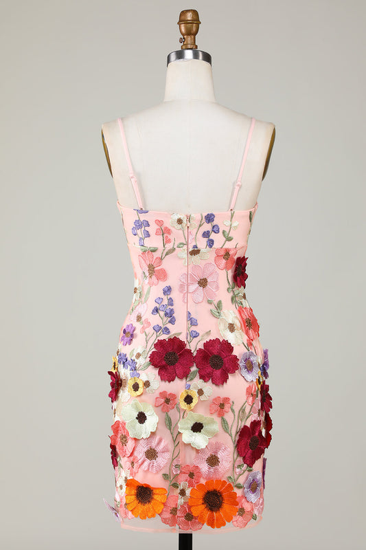 Robe de graduation fourreau blush à fines bretelles et fleurs 3D