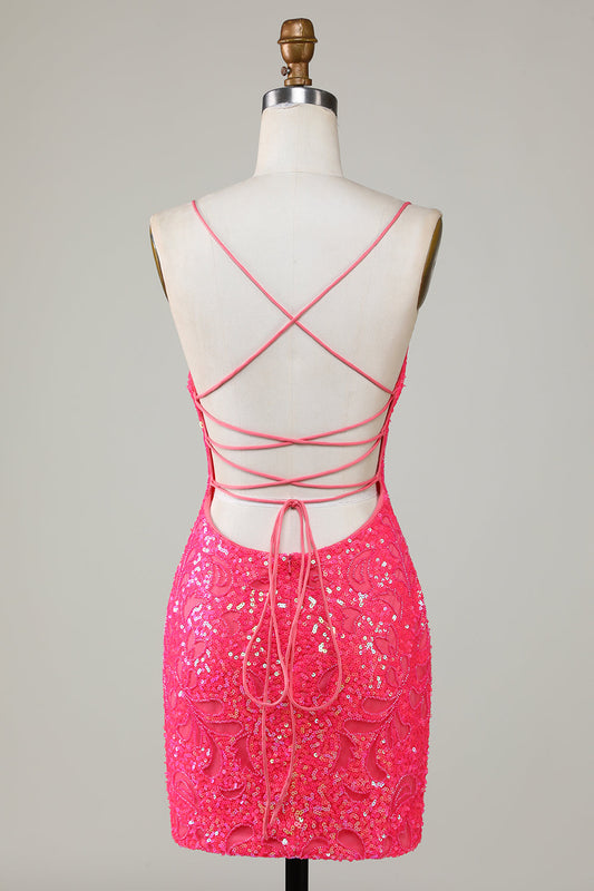 Robe courte moulante de bal de fin d'année, ornée de perles, couleur fuchsia scintillante
