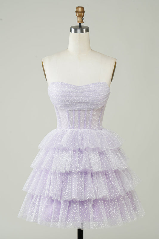 Robe de bal courte à corset superposée violet scintillant