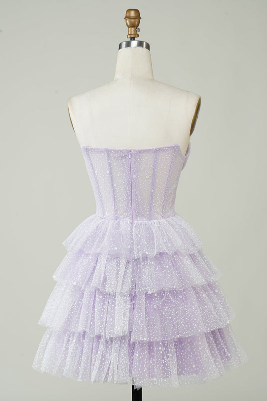 Robe de bal courte à corset superposée violet scintillant