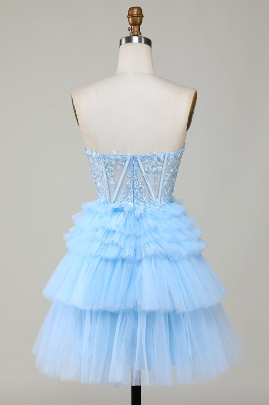 Mignonne robe de bal courte bleue en corset ligne A cœur avec volants
