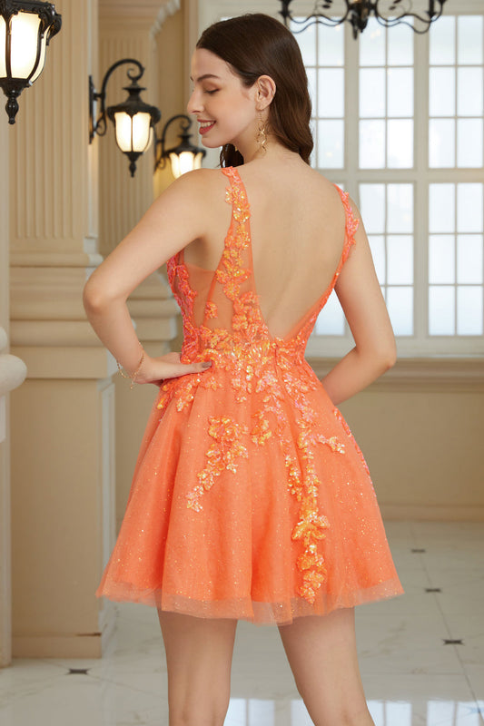 Robe de bal orange trapèze scintillante avec sequins