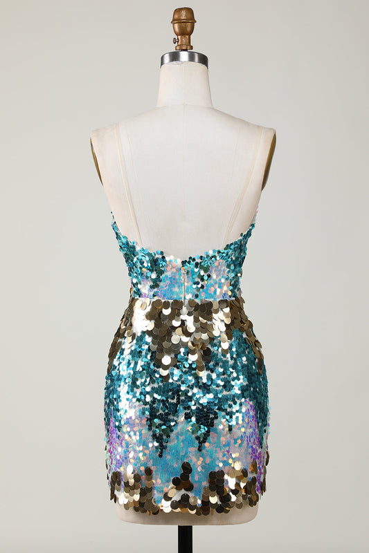 Robe de bal courte moulante en sequins bleus scintillants