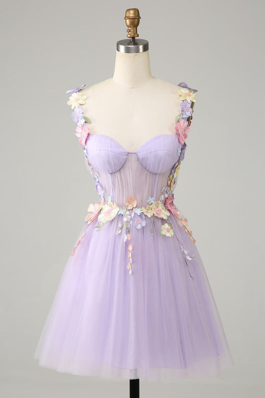 Robe de bal en tulle à bretelles spaghetti violettes avec fleurs 3D