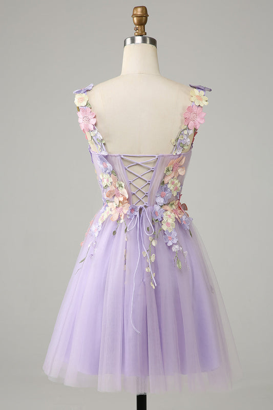 Robe de bal en tulle à bretelles spaghetti violettes avec fleurs 3D