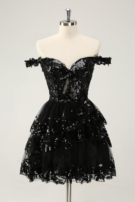 Robe de soirée courte trapèze noire scintillante à volants en dentelle, bustier et épaules dénudées
