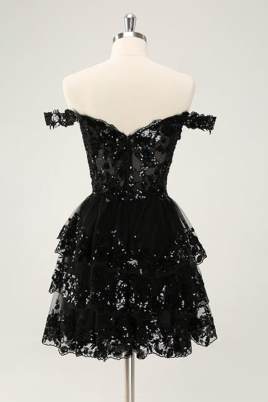 Robe de soirée courte trapèze noire scintillante à volants en dentelle, bustier et épaules dénudées