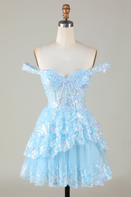 Robe de bal courte trapèze en dentelle étagée corset bleu étincelant