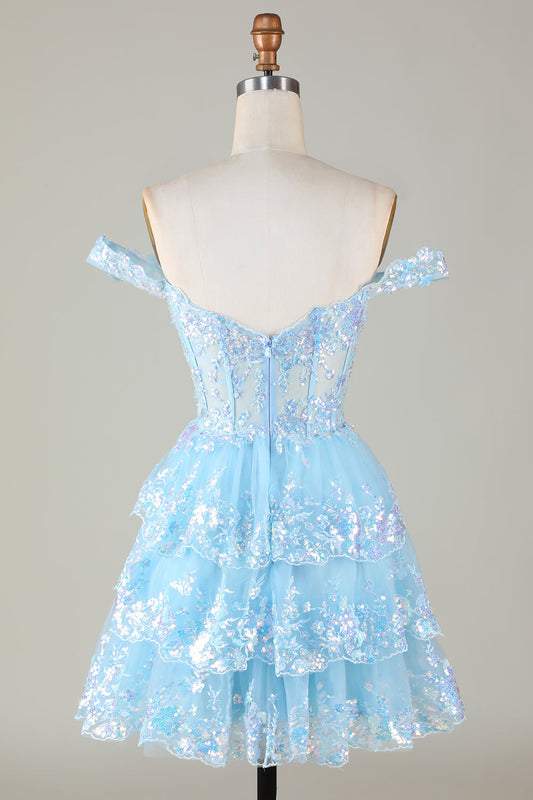 Robe de bal courte trapèze en dentelle étagée corset bleu étincelant