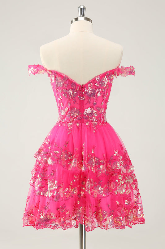 Jolie Robe Courte de Soirée Rose Vif Scintillante avec Corset en Dentelle et Jupe Trapèze Étagée