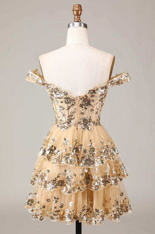 Robe courte de bal de fin d'année dorée scintillante à corset avec jupe étagée en dentelle coupe trapèze