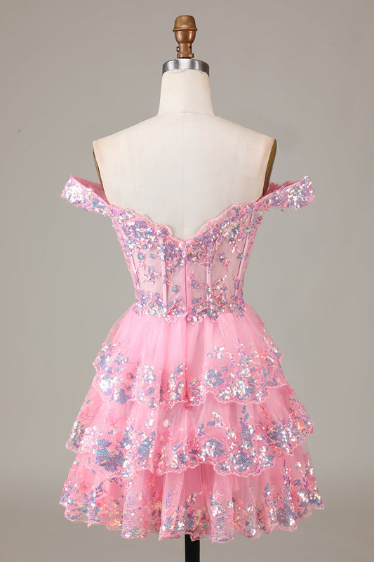 Robe de soirée courte trapèze en dentelle à volants corset rose scintillant