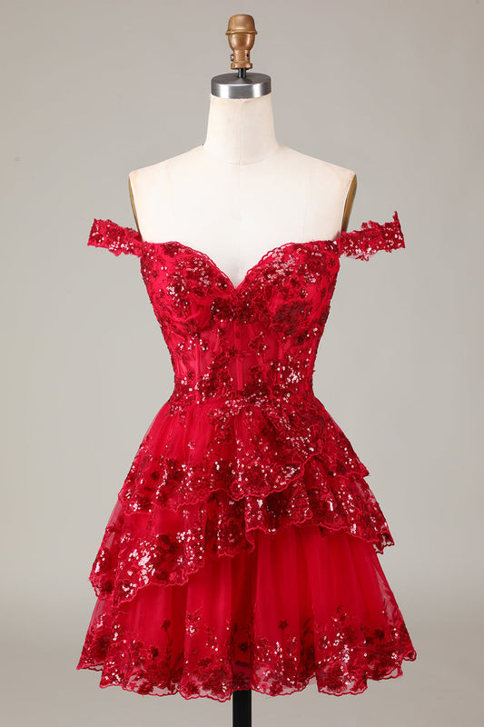 Robe de soirée courte trapèze avec corset rouge scintillant en dentelle à plusieurs niveaux