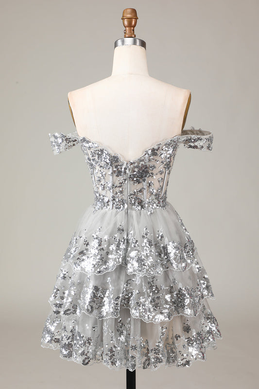 Robe courte de bal de fin d'année trapèze en dentelle à plusieurs niveaux corset pailleté argenté