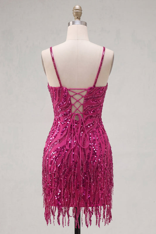 Fuchsia Sheath Spaghetti Straps Sequins Homecoming Dress with Lace Up Back