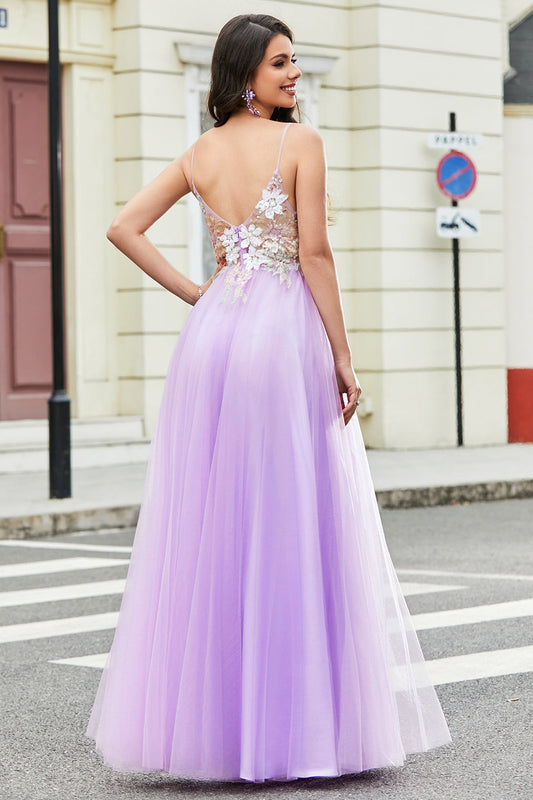 Magnifique robe de bal longue lilas coupe trapèze à bretelles spaghetti avec appliques