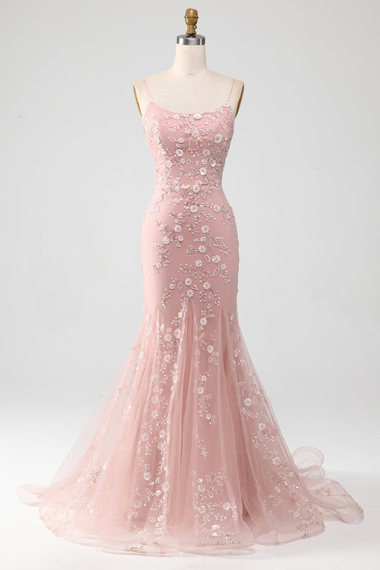 Vestido de Graduación Sirena Rosa Pálido con Tirantes Finos y Apliques