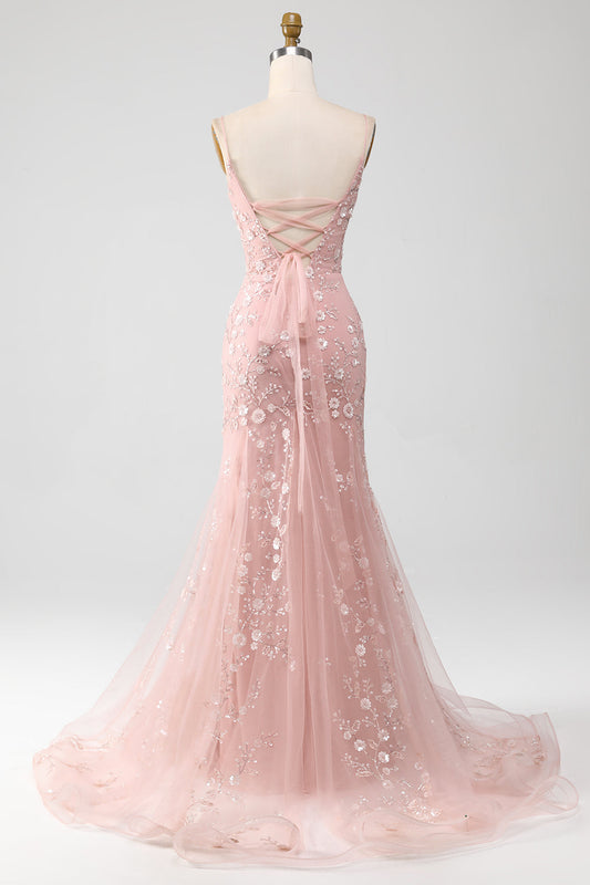 Vestido de Graduación Sirena Rosa Pálido con Tirantes Finos y Apliques