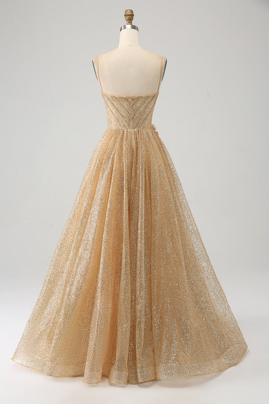 Glitter Gold Corset Long Prom Dress with Flowers