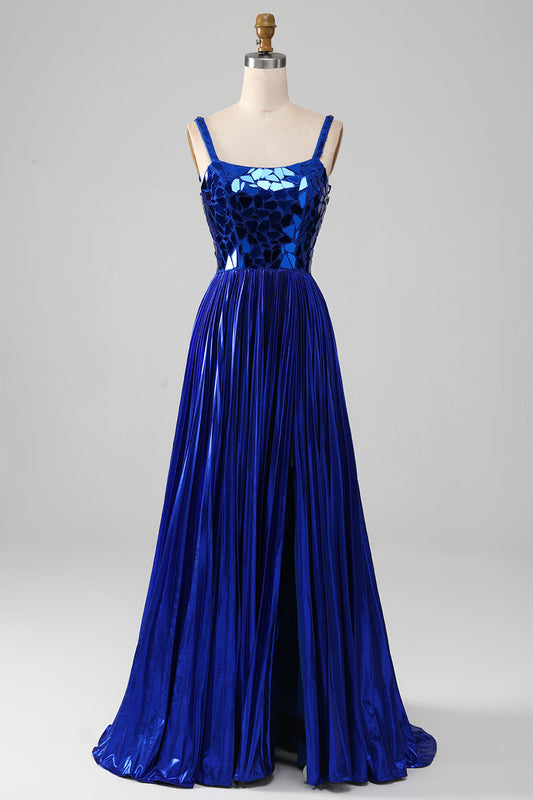 Vestido de baile azul rey con abertura y espalda con cordones y brillos