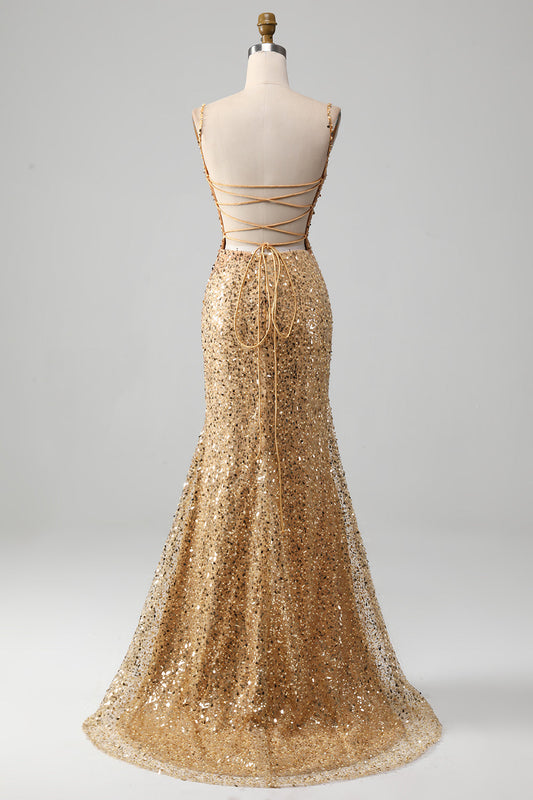 Vestido de Fiesta de Sirena Dorada con Tirantes Finos, Lentejuelas y Abertura