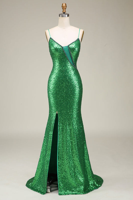 Sparkly Mermaid Spaghetti Straps Green Sequins Long Prom Dress with Front Split
