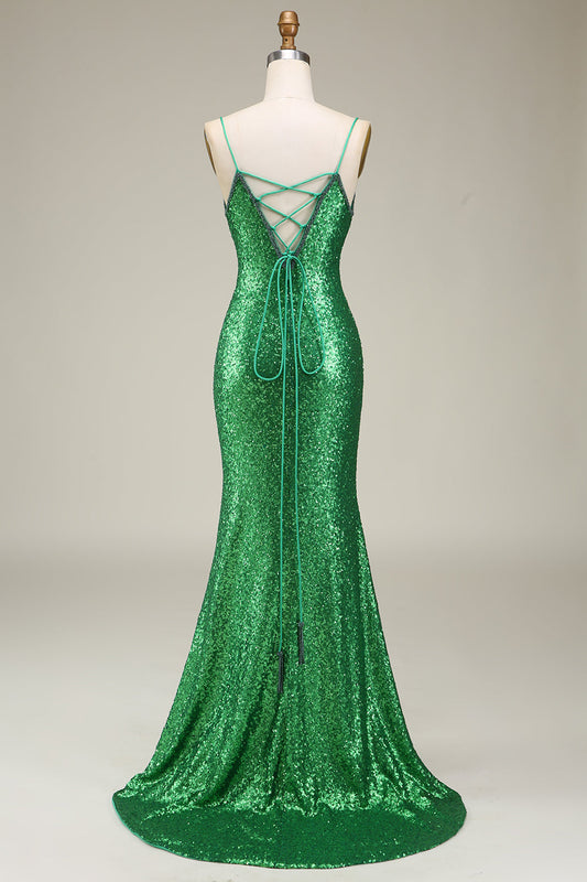 Sparkly Mermaid Spaghetti Straps Green Sequins Long Prom Dress with Front Split