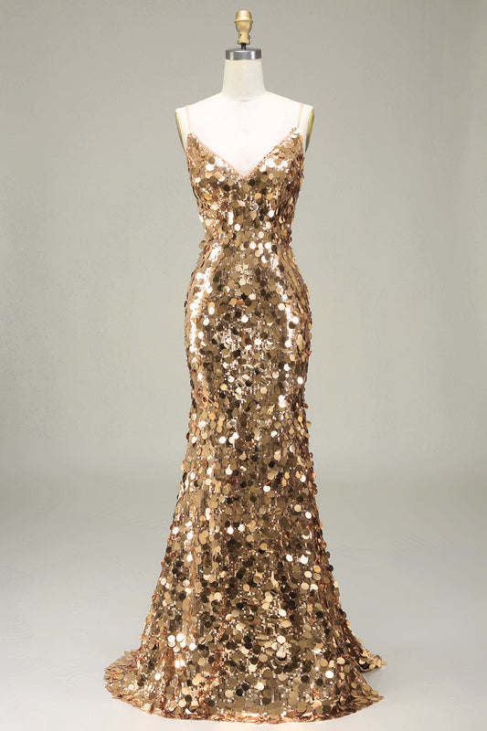 Vestido de fiesta de sirena dorado brillante con lentejuelas y abertura