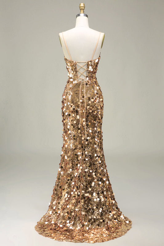 Vestido de fiesta de sirena dorado brillante con lentejuelas y abertura