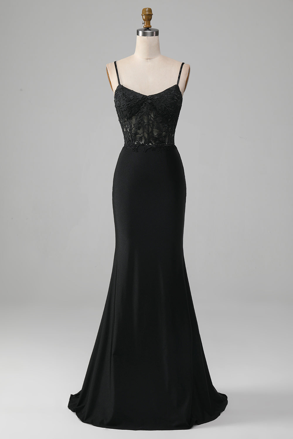 Robe de Bal Corset Bretelles Fines Sirène Noire avec Appliques