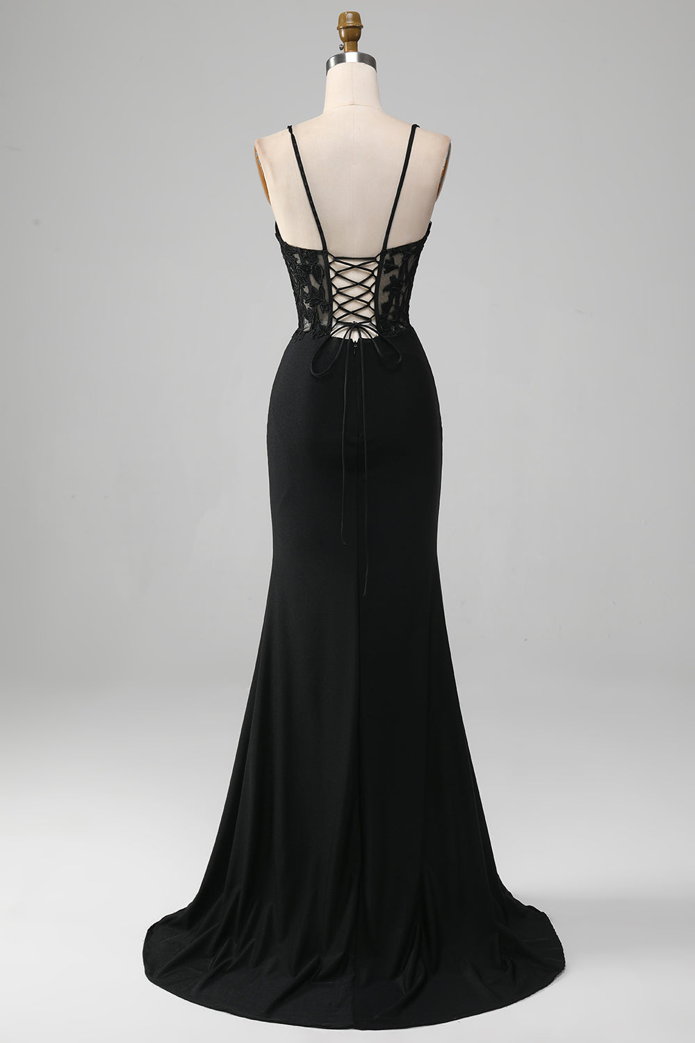 Robe de Bal Corset Bretelles Fines Sirène Noire avec Appliques