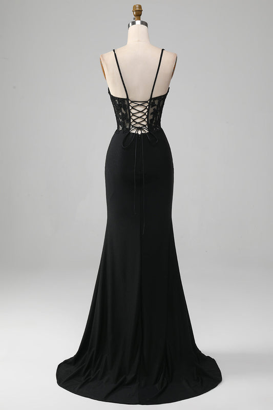 Black Mermaid Spaghetti Straps Corset Prom Dress with Appliques
