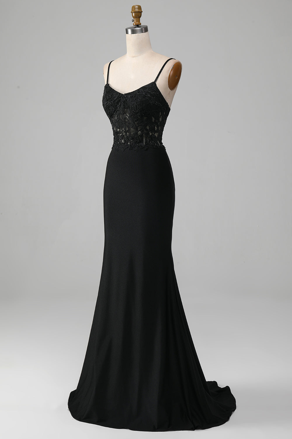 Robe de Bal Corset Bretelles Fines Sirène Noire avec Appliques