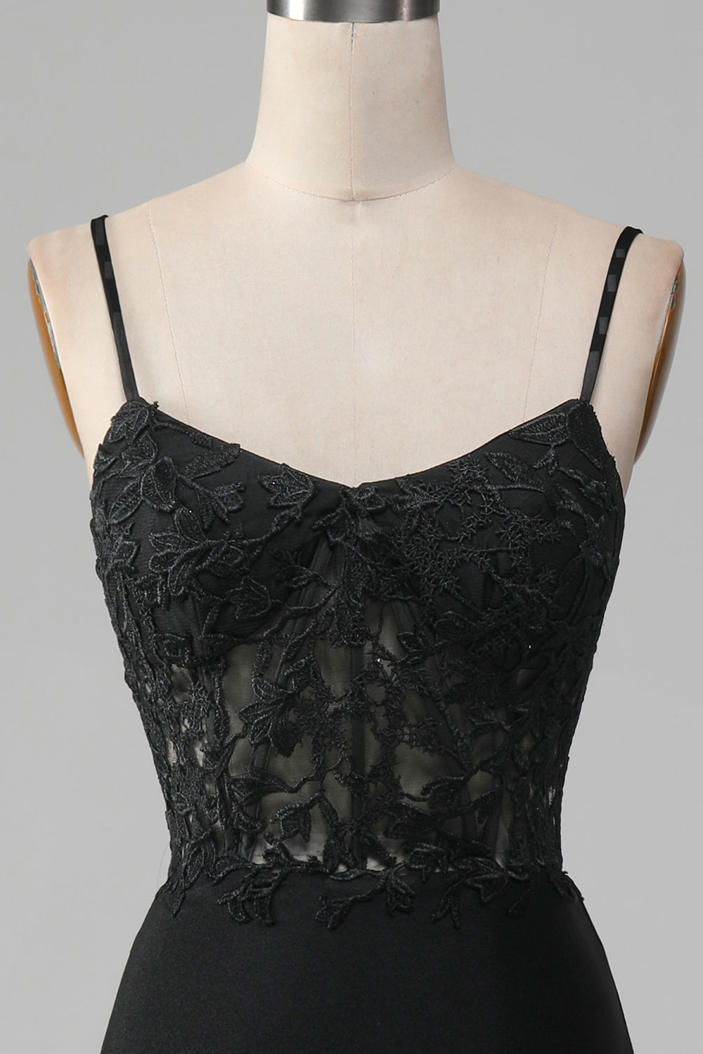 Robe de Bal Corset Bretelles Fines Sirène Noire avec Appliques