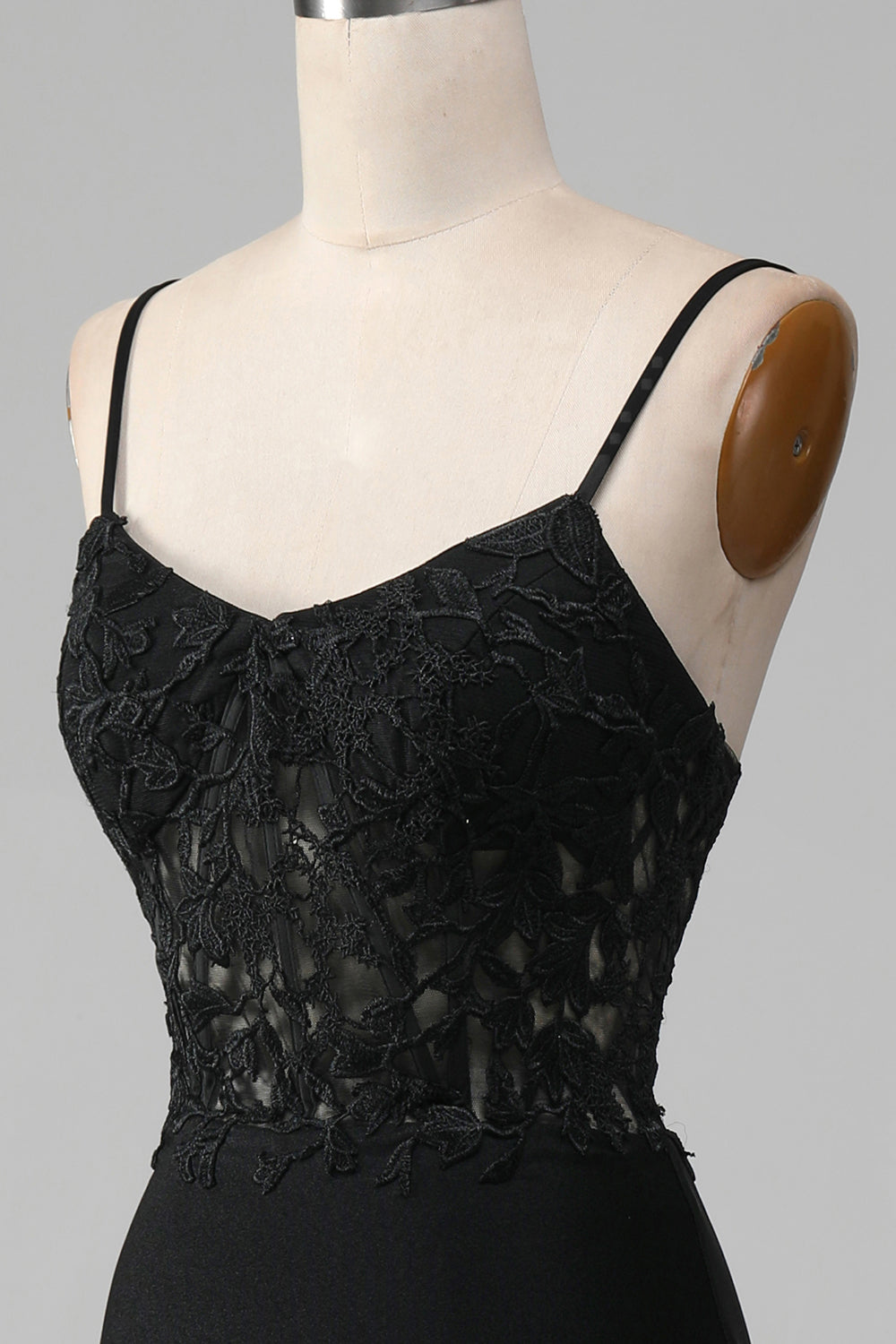 Robe de Bal Corset Bretelles Fines Sirène Noire avec Appliques