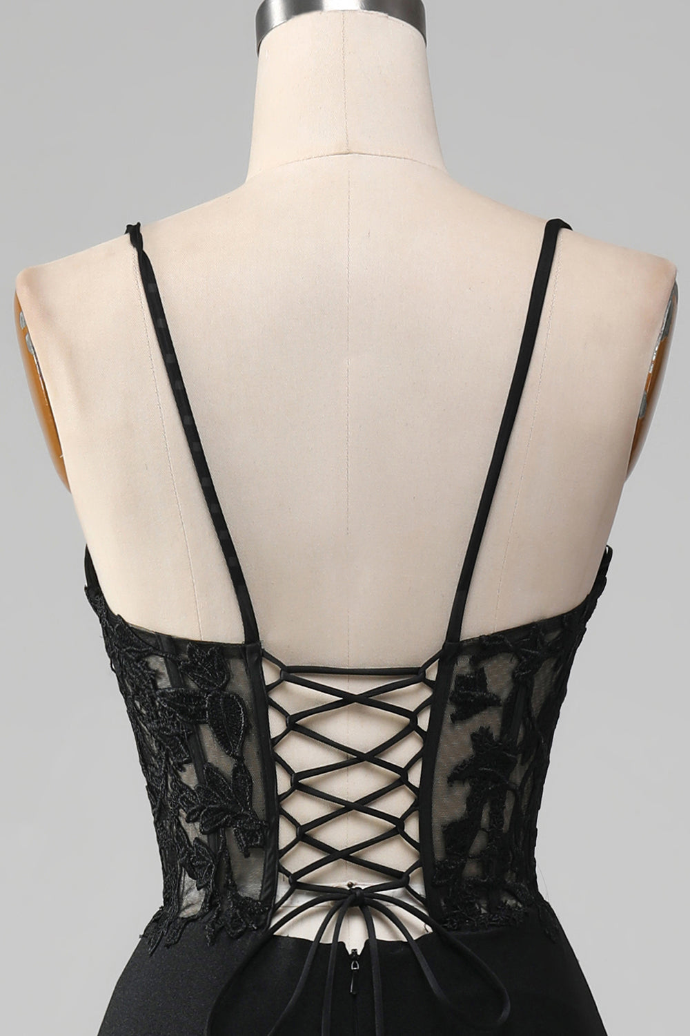 Robe de Bal Corset Bretelles Fines Sirène Noire avec Appliques