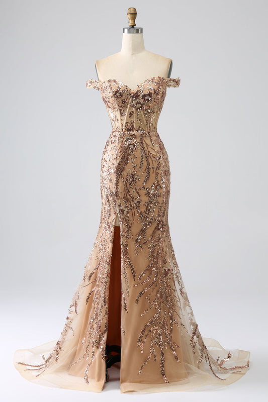 Sparkly Mermaid Off-The-Shoulder Champagne Corset Prom Dress with Slit