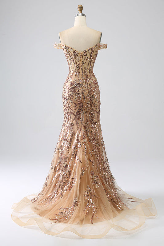 Sparkly Mermaid Off-The-Shoulder Champagne Corset Prom Dress with Slit