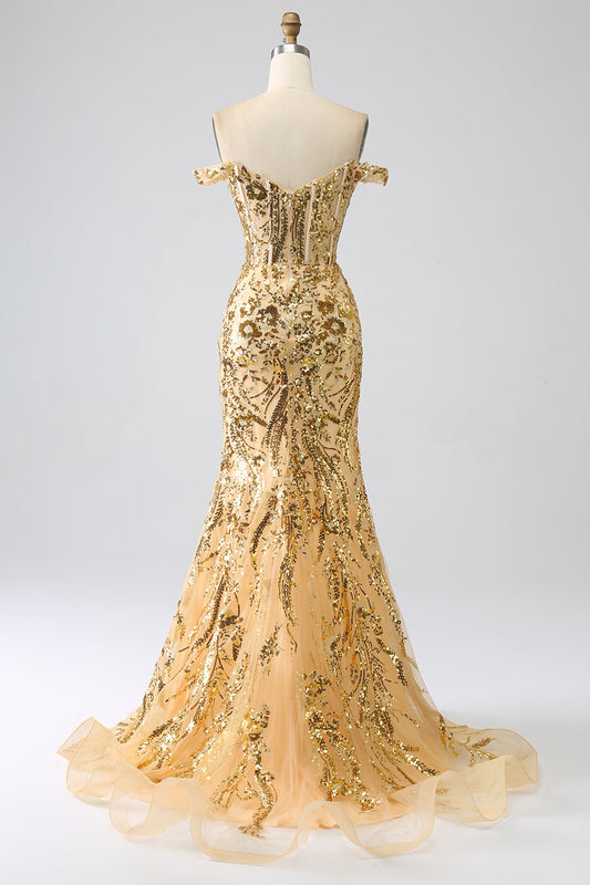 Sparkly Mermaid Off-The-Shoulder Golden Corset Prom Dress with Slit